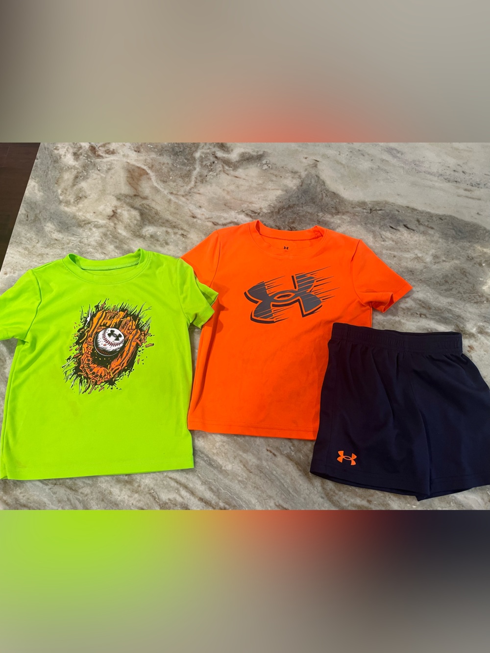 Under Armour Boys' Neon Green & Bright Orange Short Sleeve Tees with Navy Shorts